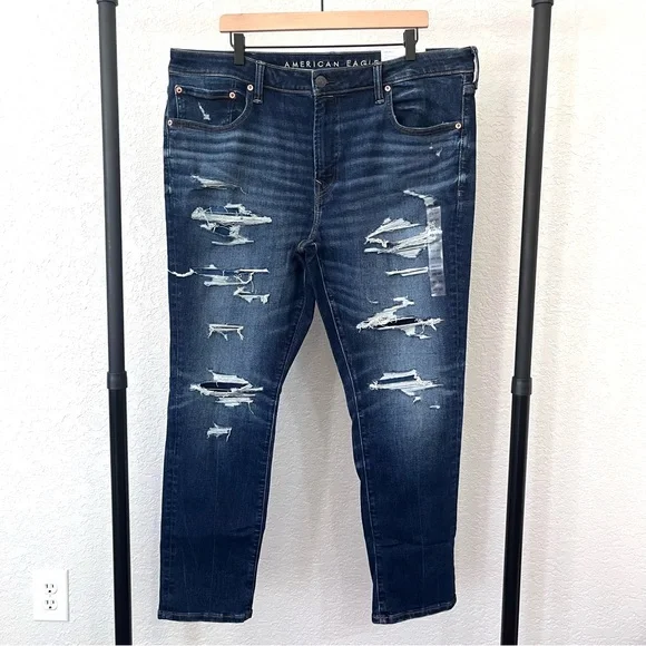 NEW American Eagle AirFlex+ Ultrasoft Skinny Ripped Dark Wash Jean Men’s 40x30 - Picture 2 of 9
